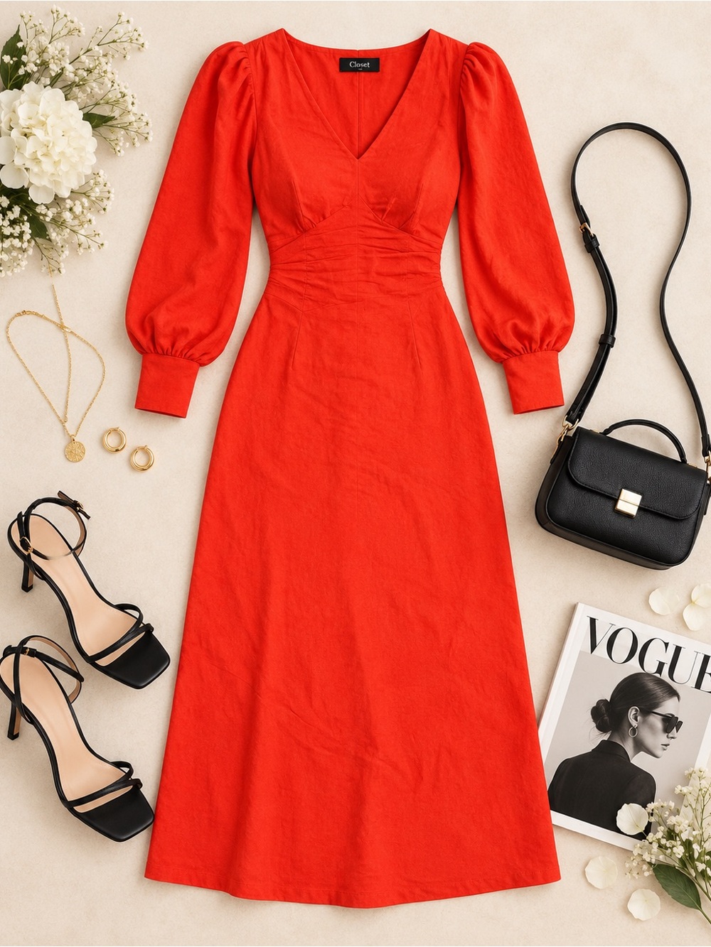 Closet London Red Puff Sleeve V-Neck Midi Dress